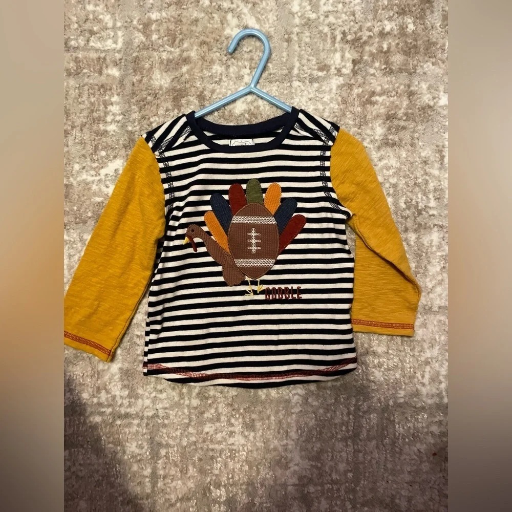 Mud Pie Kids Shirt with Turkey Appliqué - Navy and Mustard size 12–18M